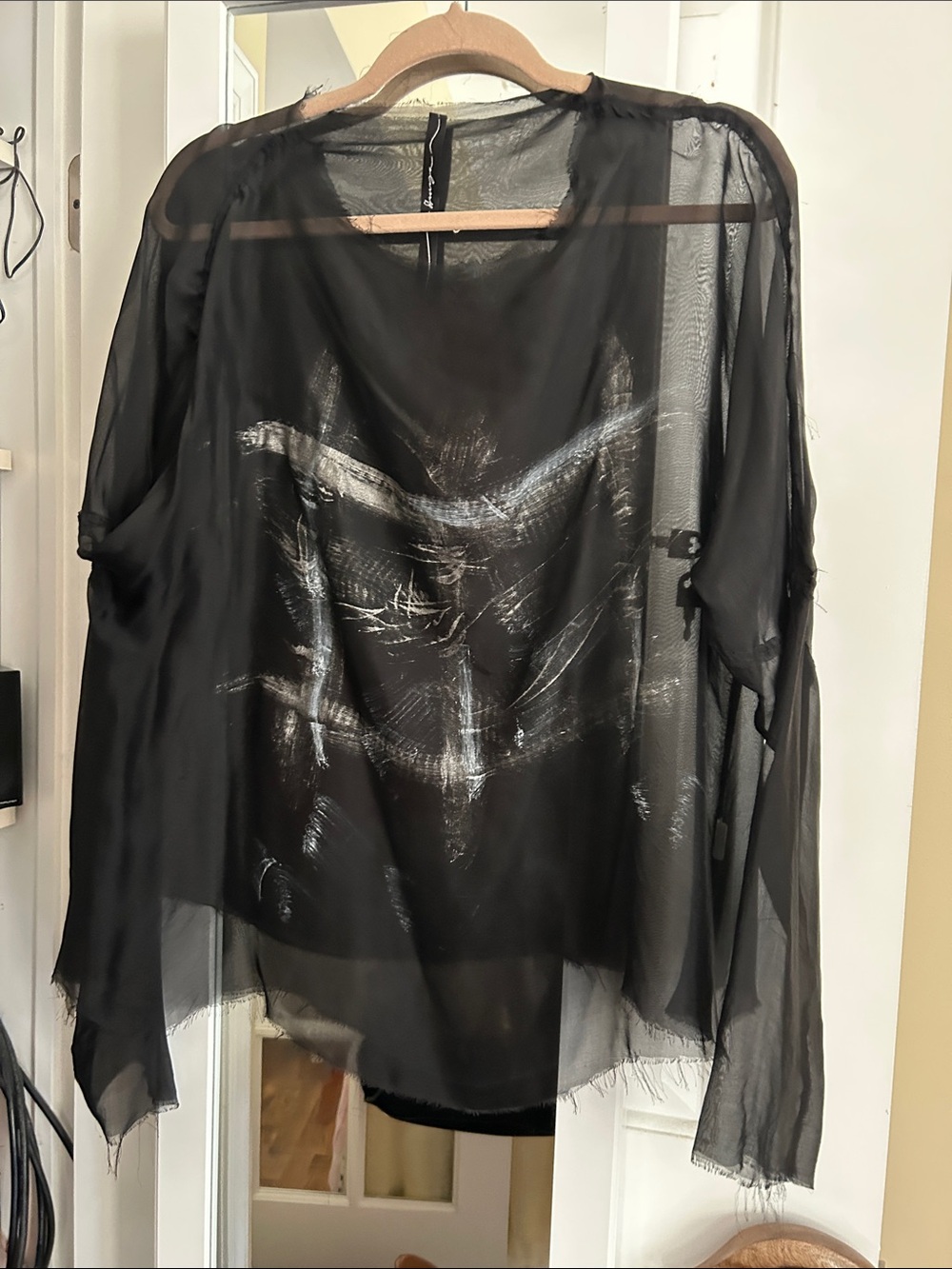 Ann Demeulemeester Black Sheer Blouse with White Brushstroke Print
